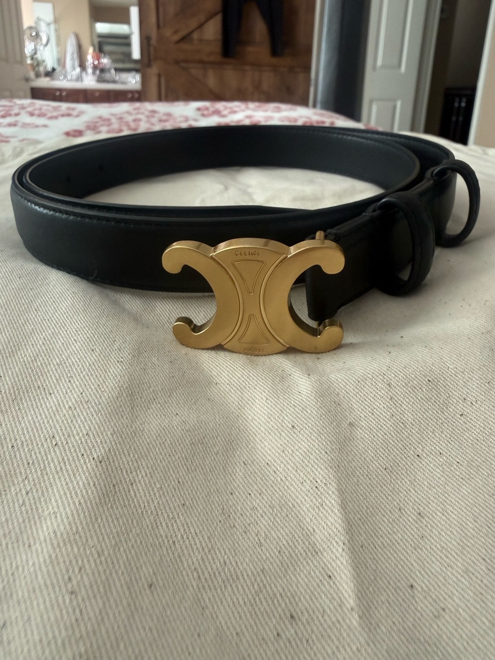 Celine Black Leather Belt with Gold Triomphe Buckle